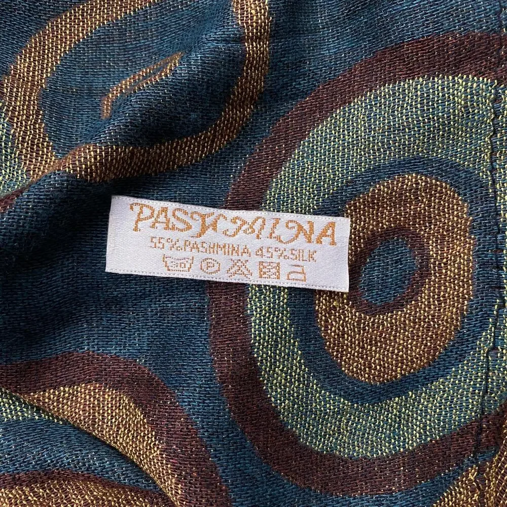 Pashmina Cashmere Silk Scarf Brown Teal Geometric Circles Wrap 64